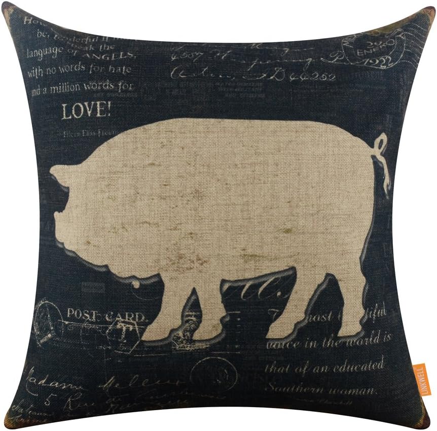 LINKWELL 18x18 inches Vintage Farm Pig Burlap Pillowcase Cushion Cover CC1245