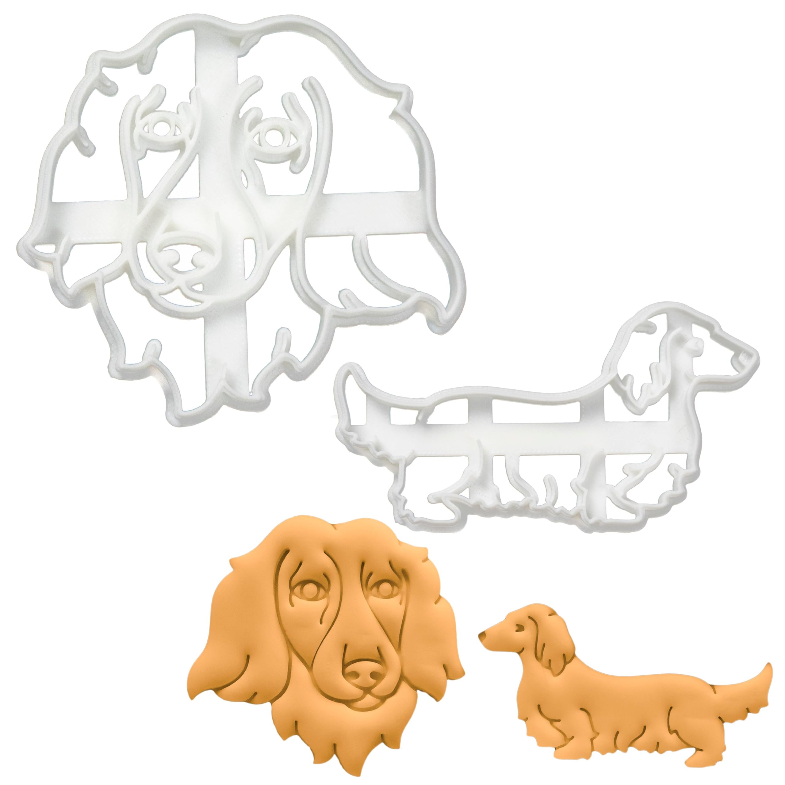 BAKERLOGY Set of 2 Long Haired Dachshund Cookie Cutters (Designs: Body & Face) - Detailed Biscuit Cutter Design for Baking and Crafts, Ideal on Fondant, Dough, Clay