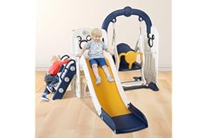 MAMIZO 5 in 1 Toddlers Slide and Swing Set, Kids Slides w/Climber, Storage, Basketball Hoop, Ball, Suction Cup Reinforced, Indoor Outdoor Playground Swing Slide Set (Dark Blue)