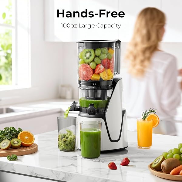 EANORUUS JUICER MACHINES, 3-IN-1 COLD PRESS JUICER WITH 6.5″ EXTRA LARGE CHUTE, 100OZ LARGE CAPACITY, AC MOTOR, MAKES JUICE, NUT MILK & SORBET, BRIGHT WHITE