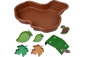 AUGONLA 6PCS Tortoise Food and Water Bowl Set with Ramp, Leaf Reptile Dish, Large Bowl (12.2 x 9.8 x 2 inches), Great for Feeding, Bathing, Soaking, Sulcata Tortoise Habitat Accessories