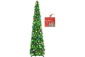 MACTING Pop Up Christmas Tree with 50 LED Lights 5FT Collapsible Tinsel Pencil Tree Easy-Assembly Coastal Glitter Artificial Tree for Porch Apartment Corner Home Party Indoor Xmas Decorations,Green