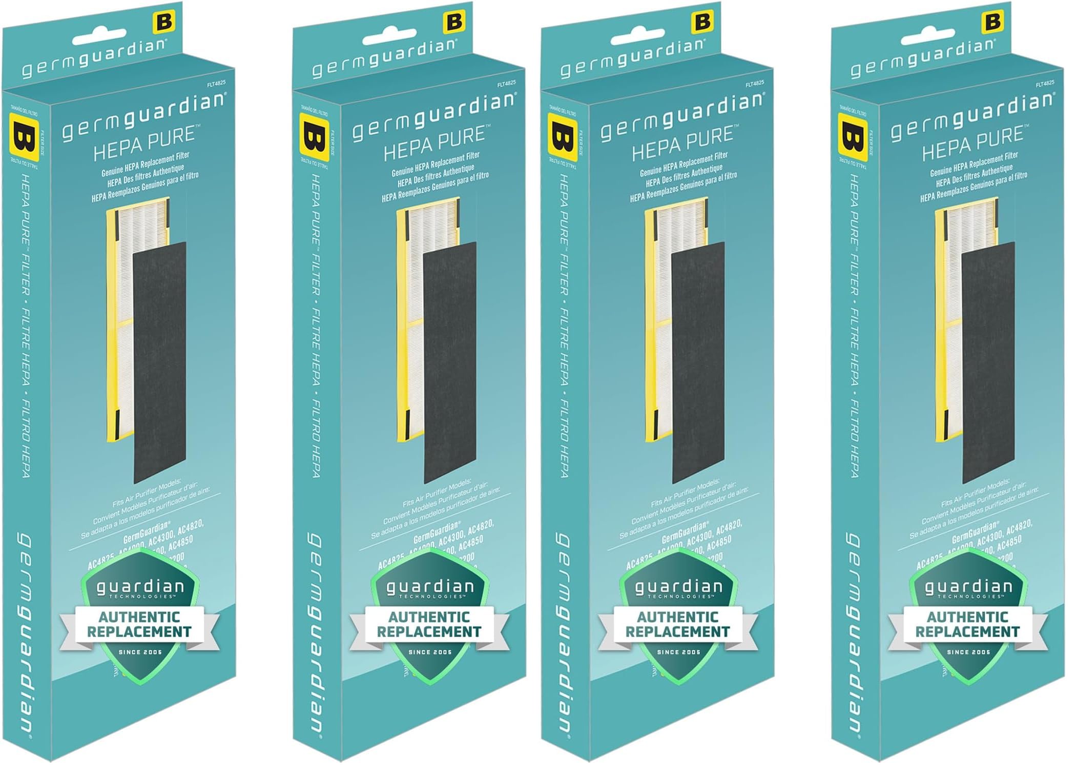 GermGuardian HEPA Pure Genuine Air Purifier Filter B, Removes 99.97% of Pollutants, Wildfire Smoke, Odors, for AC4825, AC4300, AC4900, AC4880, AC4850, CDAP4500,Black/Yellow,FLT4825,2 Count (Pack of 2)