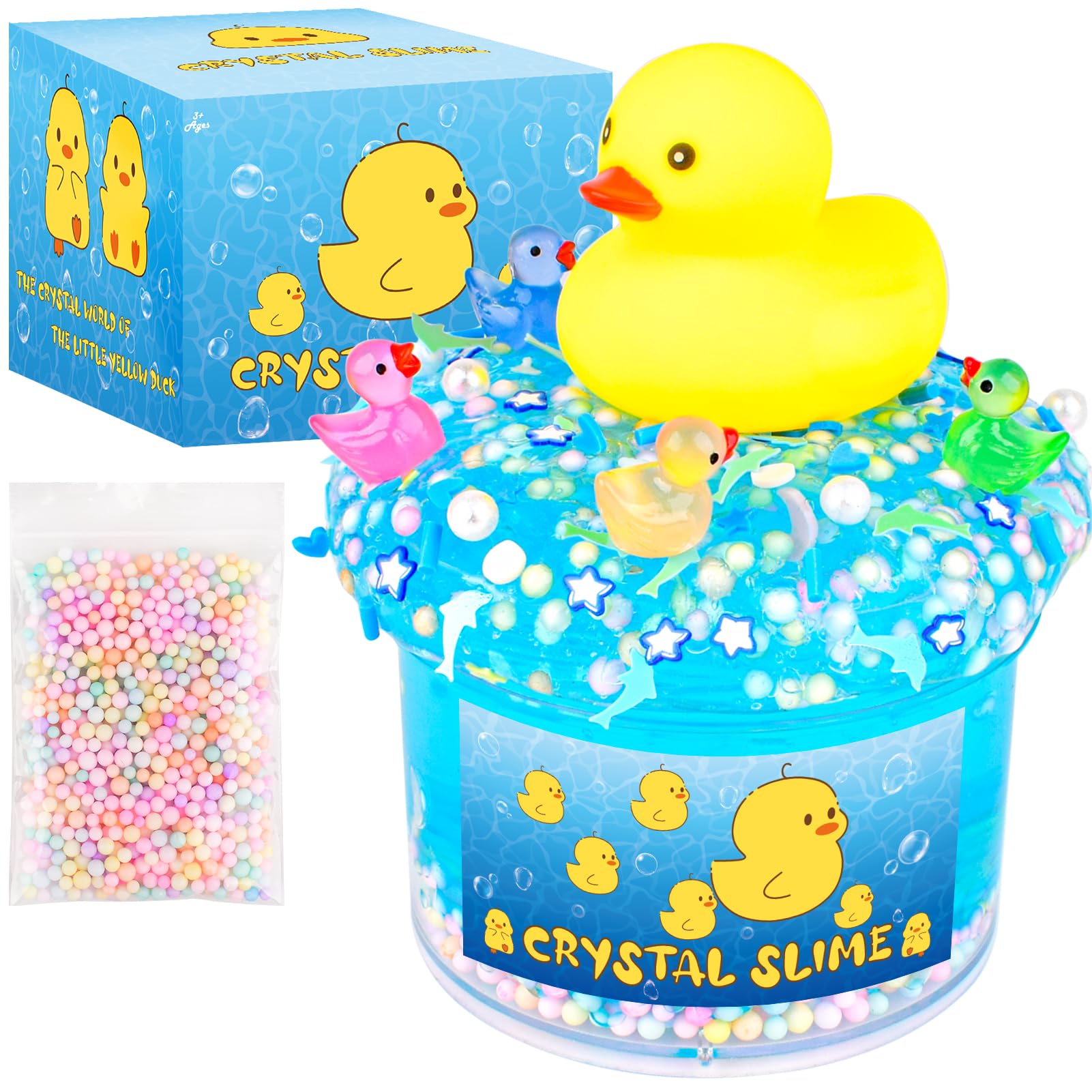 Photo 1 of Blue Crystal Slime with Cute Yellow Ducks & Beads – Soft, Non-Sticky Sensory Toy with Foam Beads for Kids & Teens – Stress Relief & DIY Gift for Girls and Boys