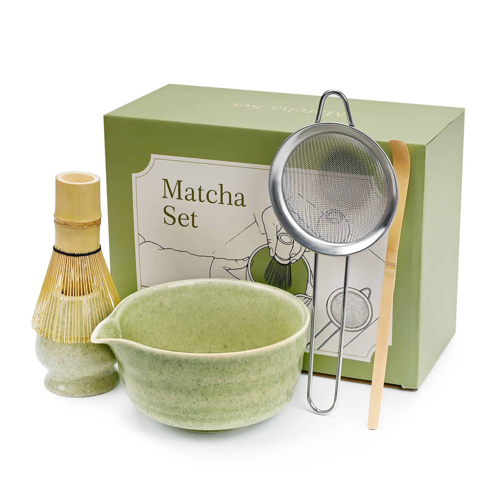 Photo 1 of ***MISSING BOWL*** Green Matcha Whisk Making Set - Japanese Tea Kit with Whisk Bowl and Bamboo Scoop Ceramic Chawan with Spout for Traditional Tea Ceremony Complete Matcha Making Tools Gift for Tea Lovers (Green, 5 PCS)