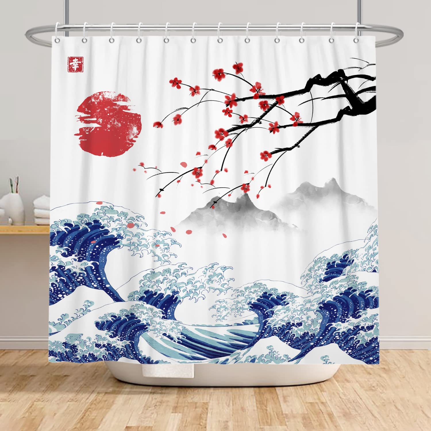SDOTPMT 180x180cm Japanese Mount Fuji Shower Curtain Cherry Blossom Sunset Asian Ink Painting Bath Curtain Wave Landscape Painting Bathtub Curtain for Bathroom Decor Fabric Waterproof with Hooks