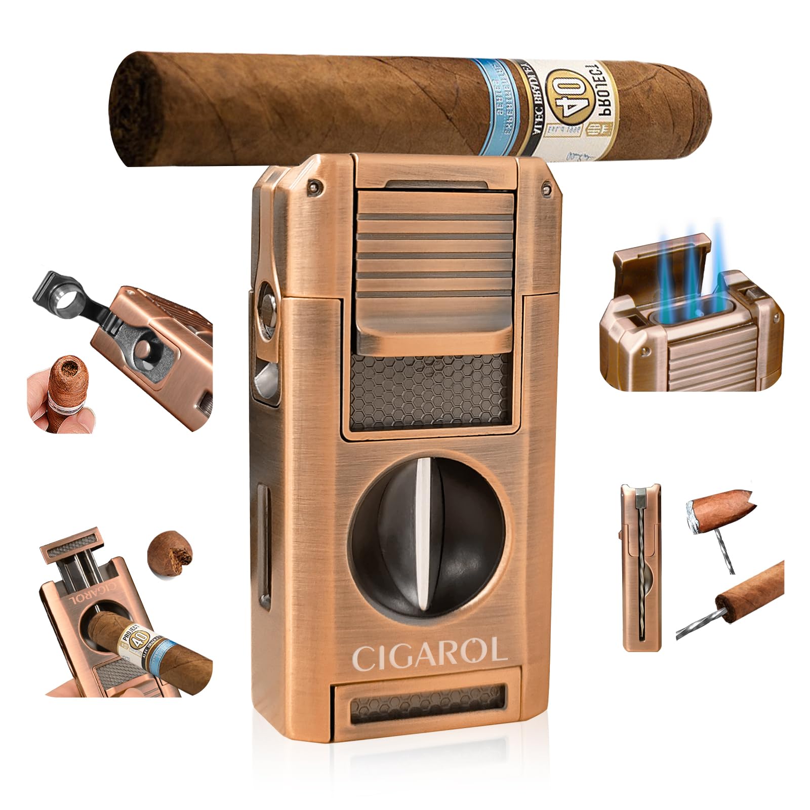 Volenx Lighter, 3 Jet Lighter with Cutter Candle Lighter, Rechargeable Butane Jet Torch Lighter, Fire Lighter for Smoking Cigar And Cigarette,Lighters Gift Suitable, Bronw