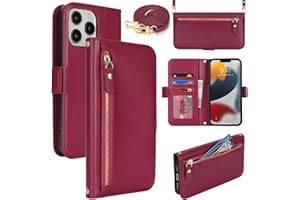 Lipvina for iPhone 12 Pro Max / 13 Pro Max Wallet Case for Women,Zipper Pocket,PU Leather Phone Case Stand flip Cover Crossbody Lanyard Strap Zipper Credit Card Holder Slots,Wine Red