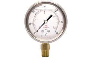 DURACHOICE 2-1/2" Oil Filled Pressure Gauge - Stainless Steel Case, Brass, 1/4" NPT, Lower Mount Connection, 0-60PSI