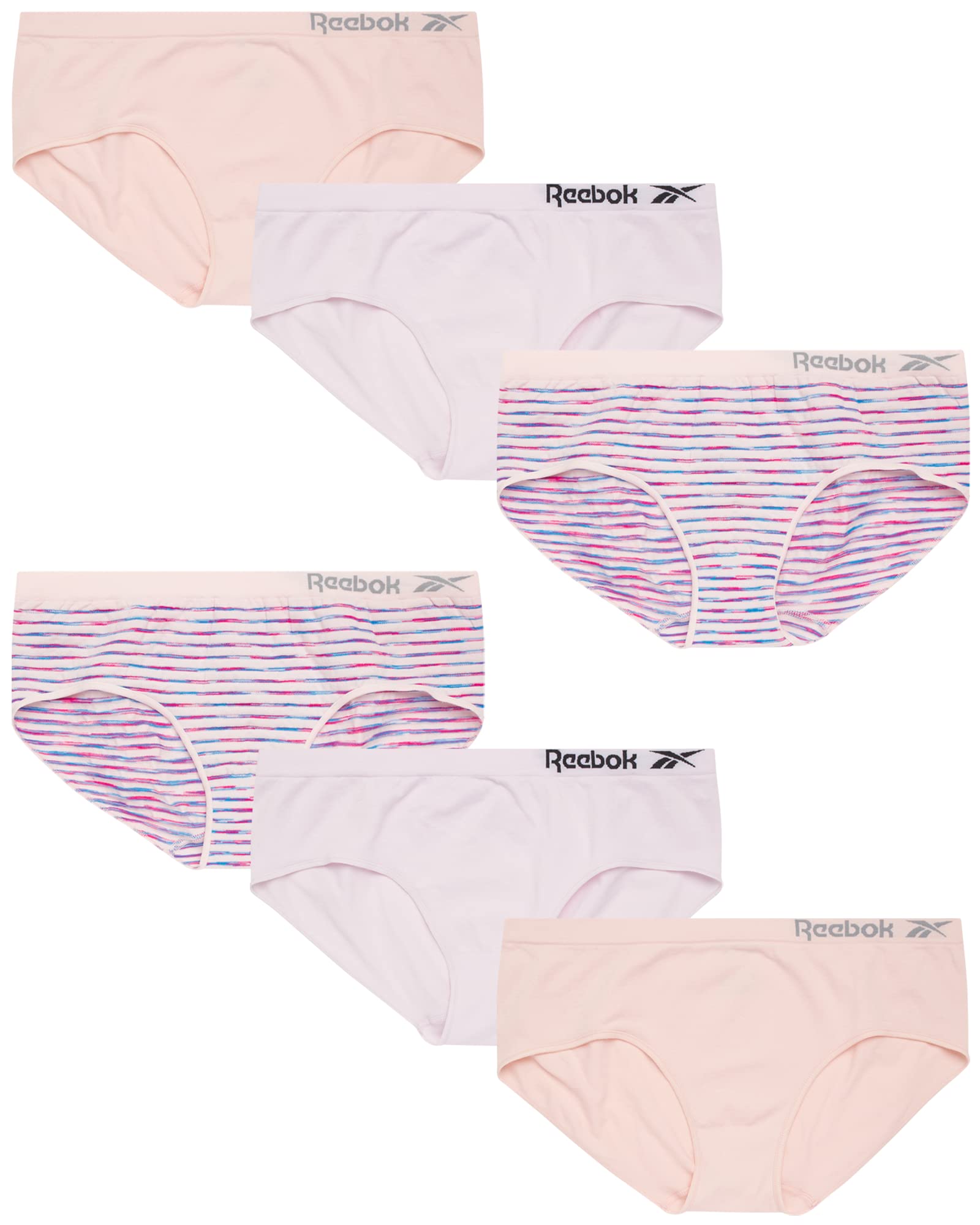 Reebok Girls' Hipster Briefs - 6 Pack Breathable Stretch Performance Hipster Panties - Seamless Underwear for Girls (6-16)