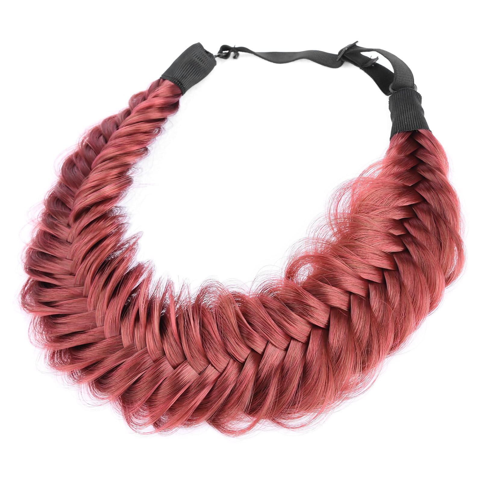 BOBIYA Wide Fishtail Synthetic Hair Braided Headband Classic Chunky Plaited Braids Elastic Stretch Hairband Women Girl (Burgundy)