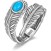 Iringnier Turquoise Feather Ring for Women Sterling Silver Vintage Boho Western Adjustable Rings Jewelry Gifts for Women Size 7