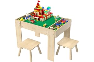 KIDSBUDDY Building Blocks Table with Storage for Kids, Wooden Table Fits Lego Bricks for Toddlers Ages 3+, Kids Activity Play Desk with 2 Chairs, 31.29''X 22.44''X 19.69''