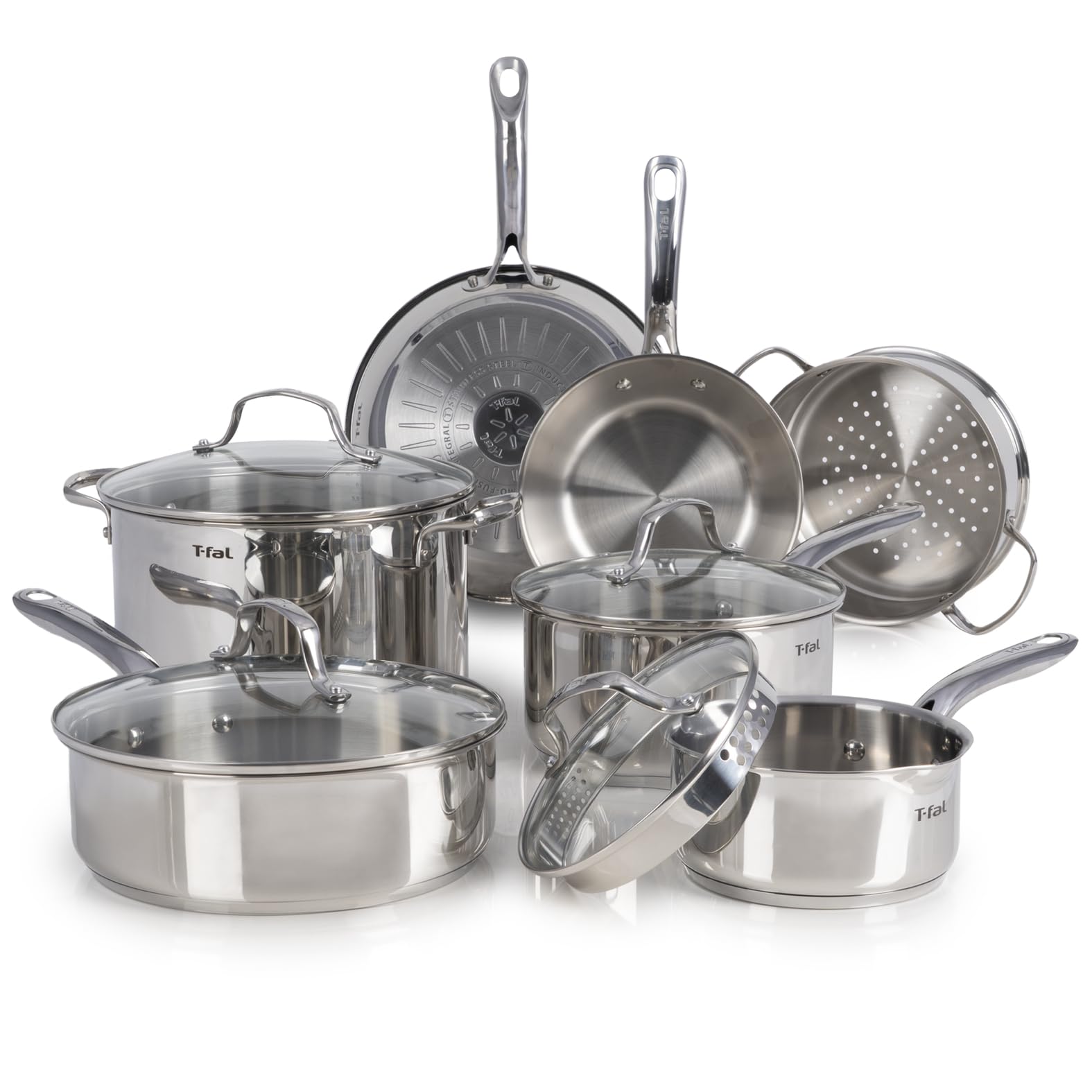 Photo 1 of *** very used*** pieces scratched*** T-fal Stainless Steel Cookware Set 11 Piece, Induction, Oven Broiler Safe 500F, Kitchen Cooking Set w/Fry Pans, Saucepans, Saute Pan, Dutch Oven, Steamer, Pots and Pans, Dishwasher Safe, Silver