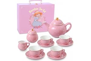 GIGGLE & HONEY Porcelain Tea Set for Girls - Pink with Gold Polka Dot Tea Party Set for Girls I Kids Tea Set with Carry Case, Easter Gifts for Girls & Toddlers