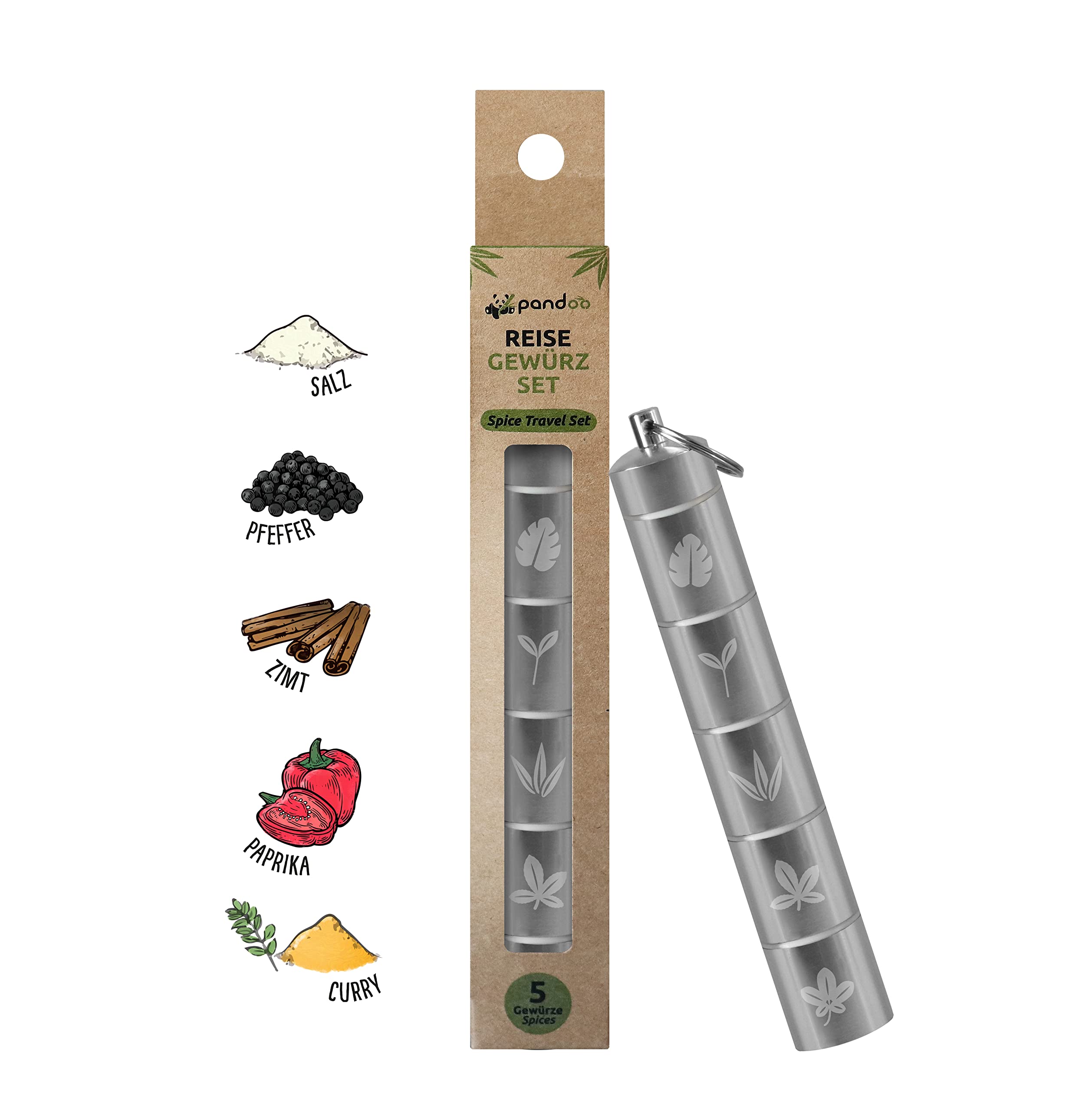 Pandoo Travel and Picnic Spice Set | 5-in-1 Mini Camping Spice Shaker | Waterproof, Small & Lightweight Aluminium Spice Jars | Includes 5 Spices Silver