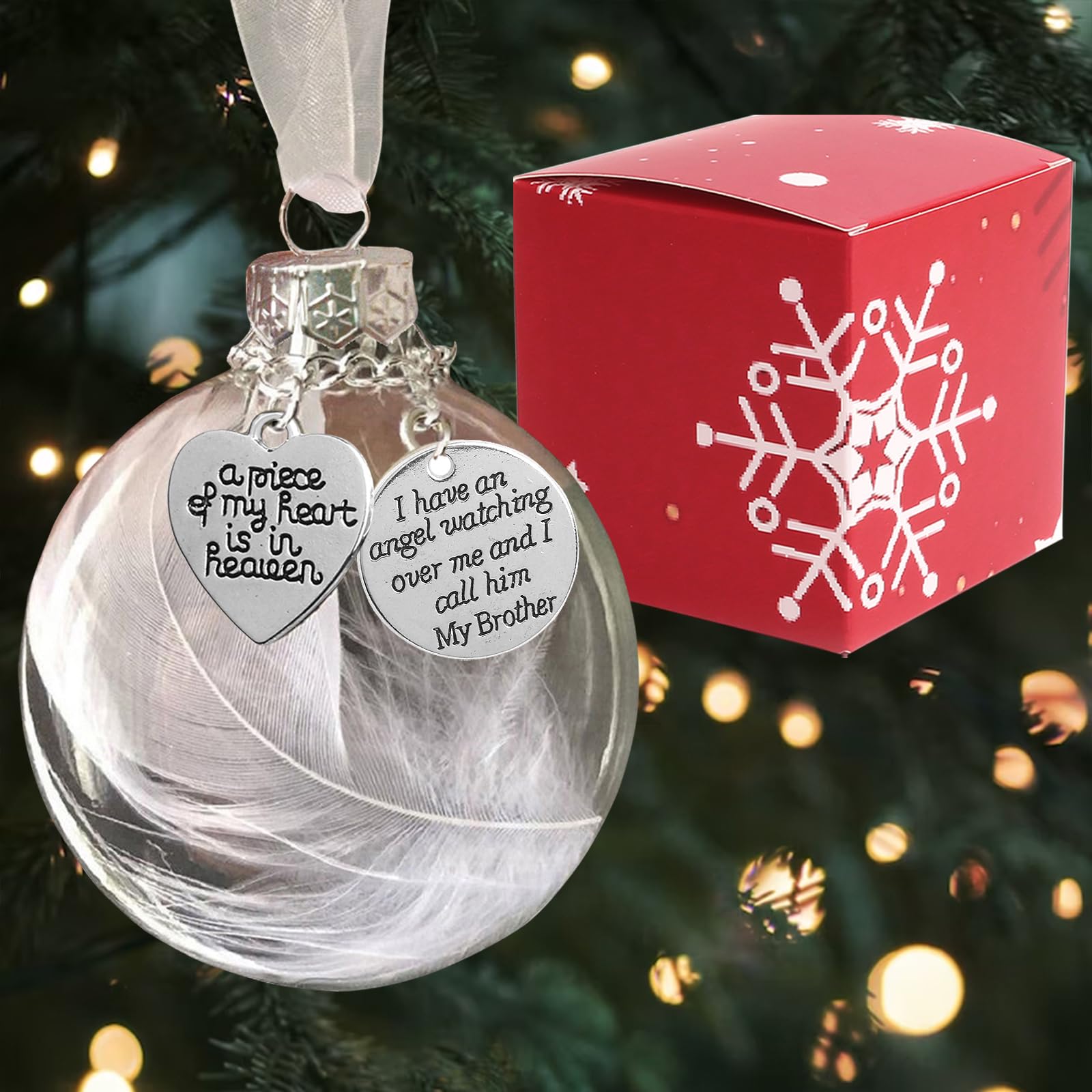 Photo 1 of Memorial Christmas Ornament Clear Feather Ball A Piece of My Heart is in Heaven Sympathy Gifts for Loss of Brother with Silk Ribbon & Red Gift Box