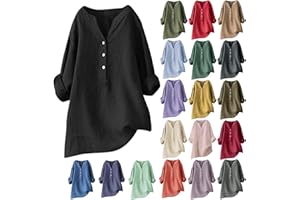 GIERIDUC Women's Cotton Linen Henley Shirts Solid Button Up Long Sleeve Baggy Shirt Casual Loose Blouse Oversiazed Tops 2024