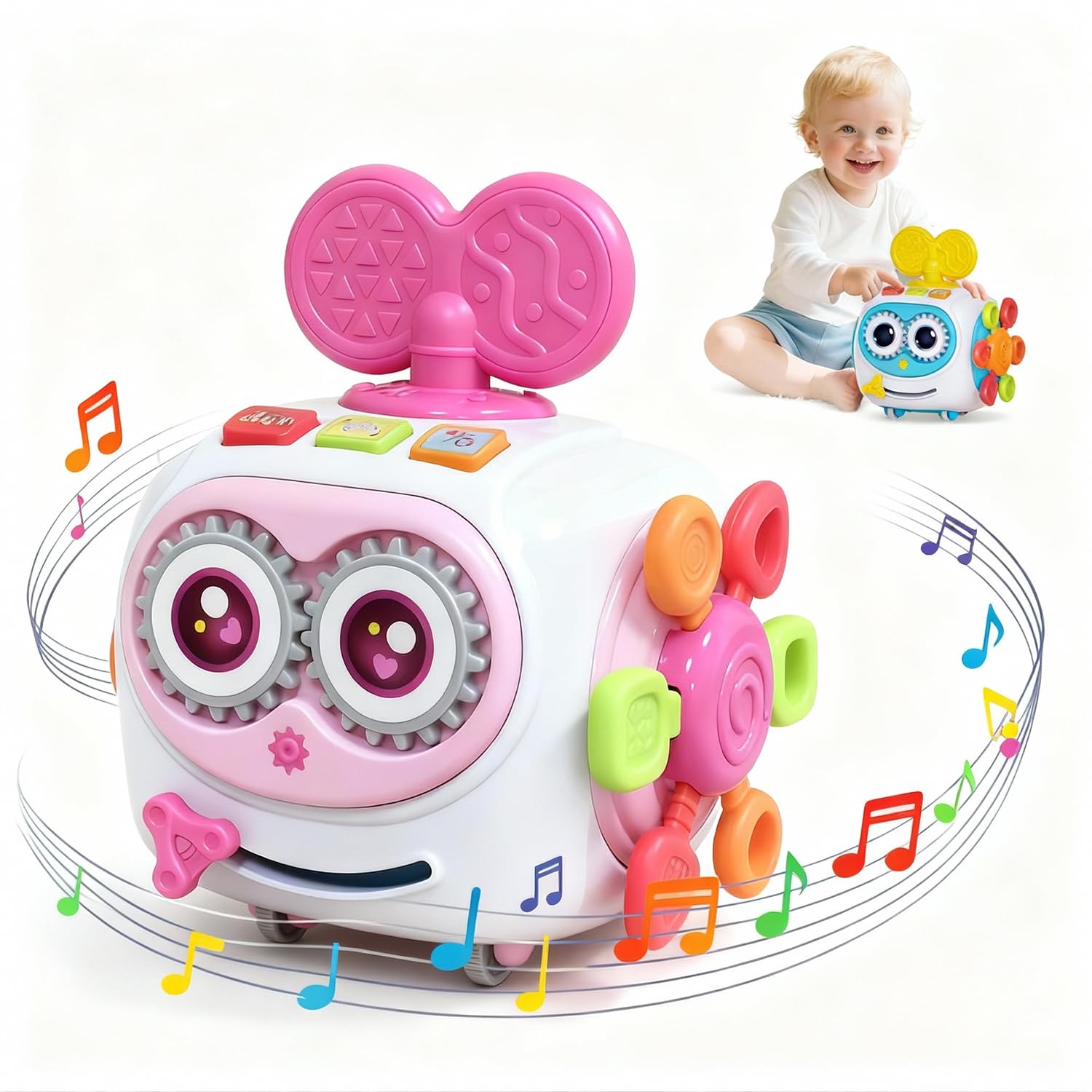Baby Girl Toys 6-12 Months, Musical Busy Cube for Toddlers 1-3 year old, Montessori 6-in-1 Activity Cube with Lights & Sounds, Wheels for Tummy Time & Crawling Training, Birthday Gifts for Baby Girl
