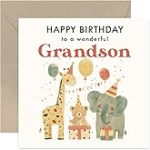 1st Birthday Card for Grandson - Safari Jungle Animals - 2nd 3rd Children Kids Happy Birthday Card - Gifts for Grandson - First Birthday Gifts for Him - Cute Birthday Cards for Boys