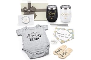 SUHCTUPTX Pregnancy Gift Est 2023, First Time Mom Gifts for Women, New Parents Wine Tumbler Set Baby Onesie Socks Bib Decision Coin - Top Mom Dad Gift Set Idea for Baby Shower, Gender Reveal