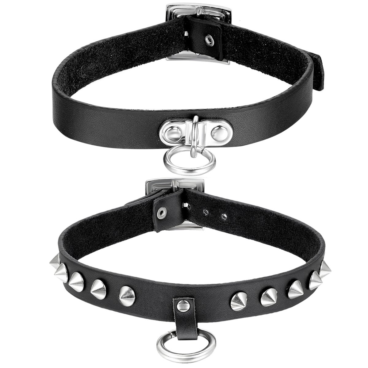 Christmas Gifts Womens Punk Spiked Leather Choker Collar Necklace with Adjustable Size Buckle for Club Halloween Party (rivet O-ring choker)