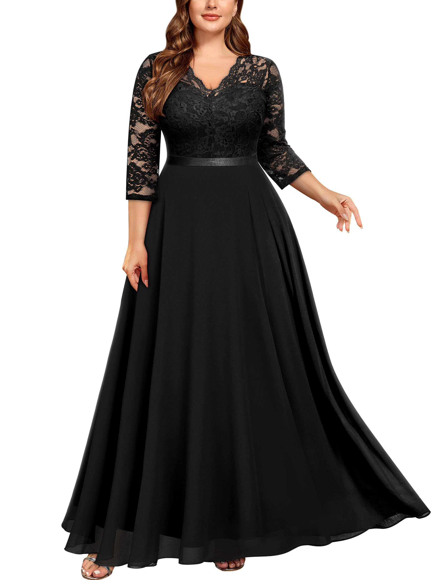 Photo 1 of Miusol Women's Formal Floral Lace V Neck Plus Size Bridesmaid Party Maxi Dress Black