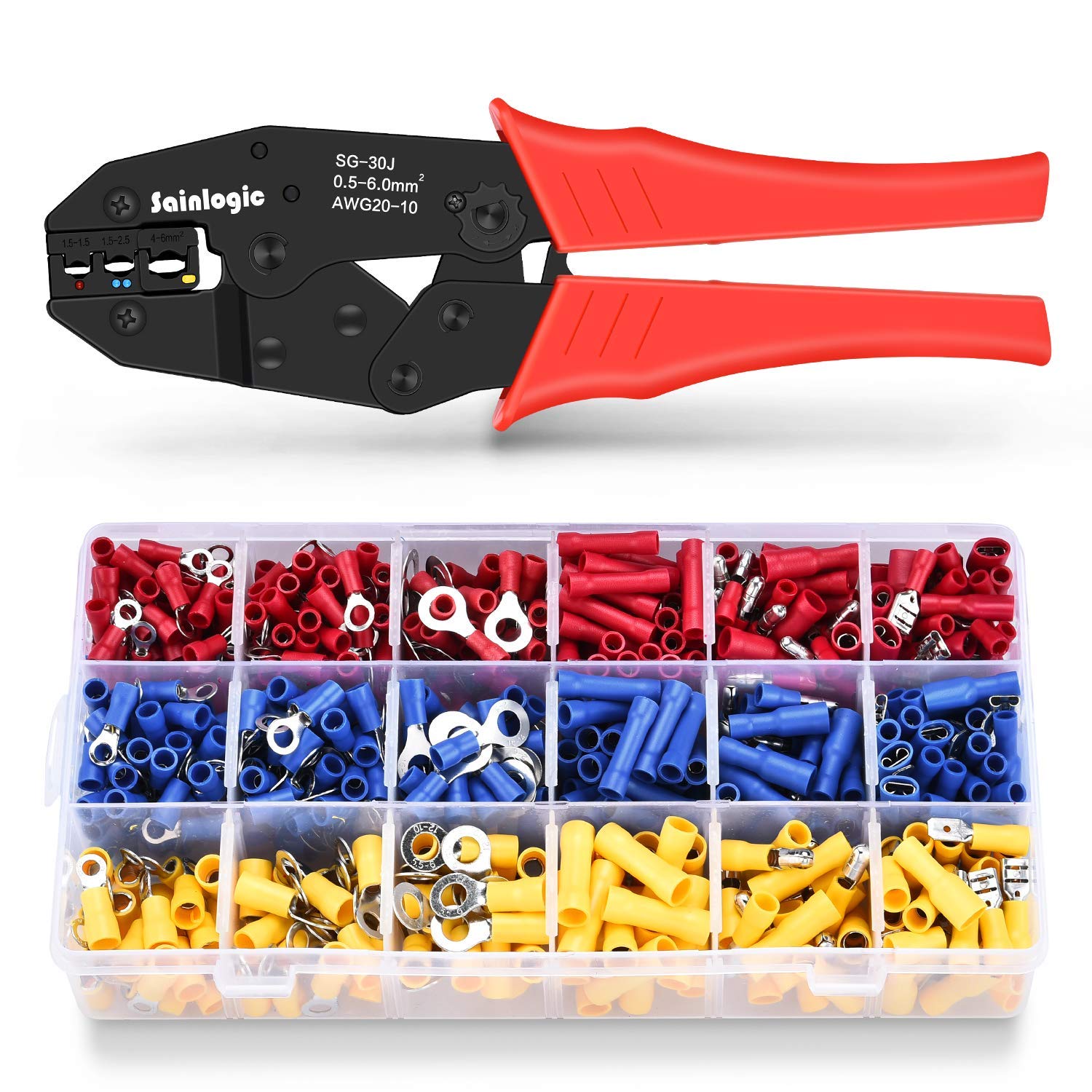 Sainlogic Crimping Pliers Cable Lug Set, 0.5-6mm² Self-Adjustable Ratchet Wire Crimping Tool with 700 Wire Terminal Crimp Connectors and Wire End Ferrules
