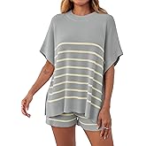 Fisoew Women's Striped 2 Piece Outfits Oversized Batwing Short Sleeve Tops High Waisted Shorts Summer Knit Lounge Short Sets
