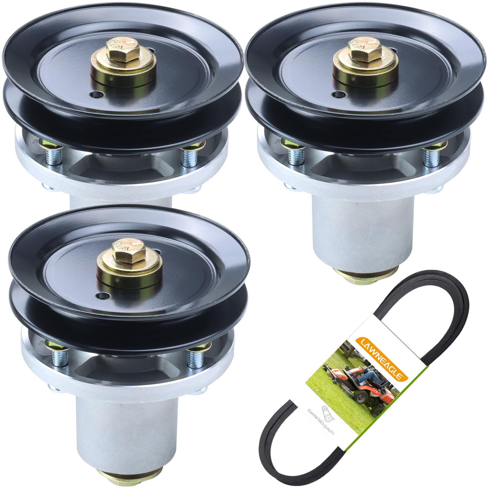 Photo 1 of ** VERY USED** Lawneagle 3 Pack 601804 Spindle Assembly with 604664 Pulley 797720 Belt 5/8x177 Replaces Hustler 601804 Spindle Assembly Hustler Spindle 607418 Spindle Assembly Hustler Raptor 54 inch Spindle Kit