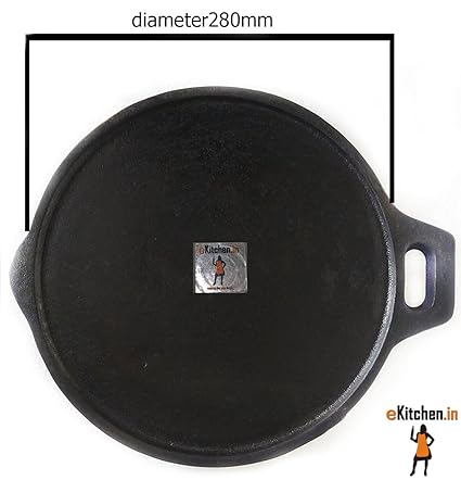 eKitchen Fully Seasoned Cast Iron + Flat Tawa/Pan/dosa kal Diameter -11 inches/280mm/28 cms/Corner Thickness - 11mm, Centre Thickness - 6 mm