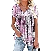 Rainoop Womens Summer Plus Size Tops Blouses Short Sleeve Shirts Lace Pleated Tunic Tops M-4XL