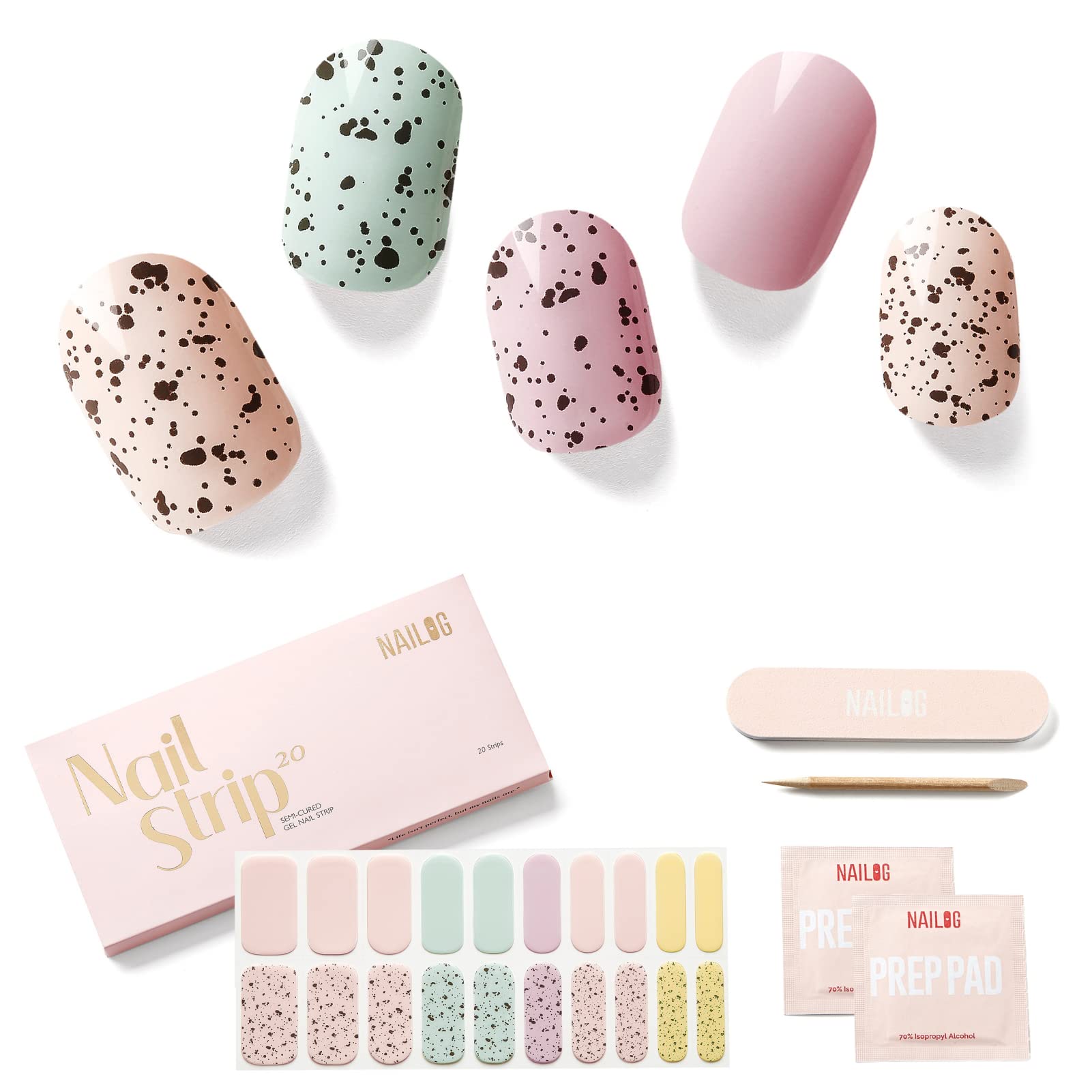 NAILOG Semi Cured Gel Strips (20 Extra Long Stickers), UV/Led Lamp Glossy & Long Lasting Soft Gel Finish Wrap,Pastel Quail Eggshell — image 1