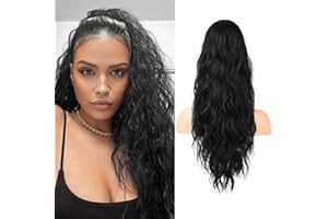 Flufymooz Ponytail Extension, 22 Inch Drawstring Ponytail Hair Extensions for Women，Long Curly Wavy Ponytail Natural Wavy Synthetic Hairpiece for Women Daily Use party (22 Inch Natural Black)