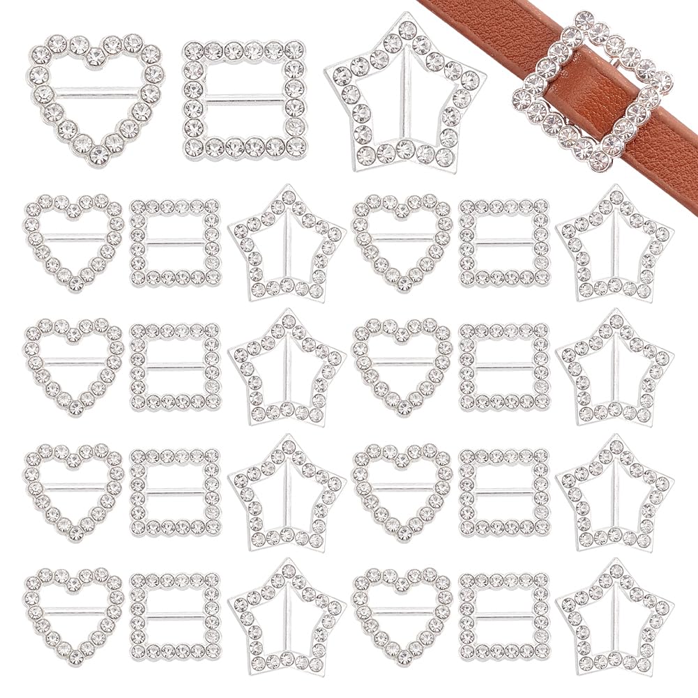 AHANDMAKER 60Pcs Rhinestone Ribbon Buckles, 3 Style Mini Buckles Crystal Buckle for DIY Craft, Square Heart Star Shape Belt Buckle Sliders for Clothing, Shoes, Wedding Invitation Letter and Gift Wrap
