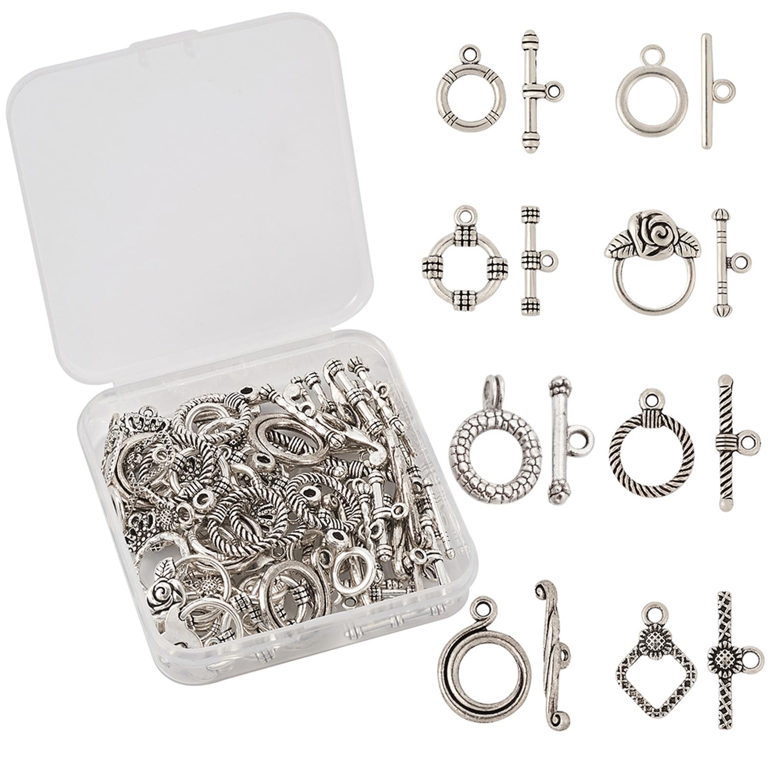 Craftdady 40 Sets Antique Silver Round Ring Toggle Clasps 8 Styles Tibetan Metal Closure End Clasps with T-Bar Connectors for Craft Bracelet Jewelry Making
