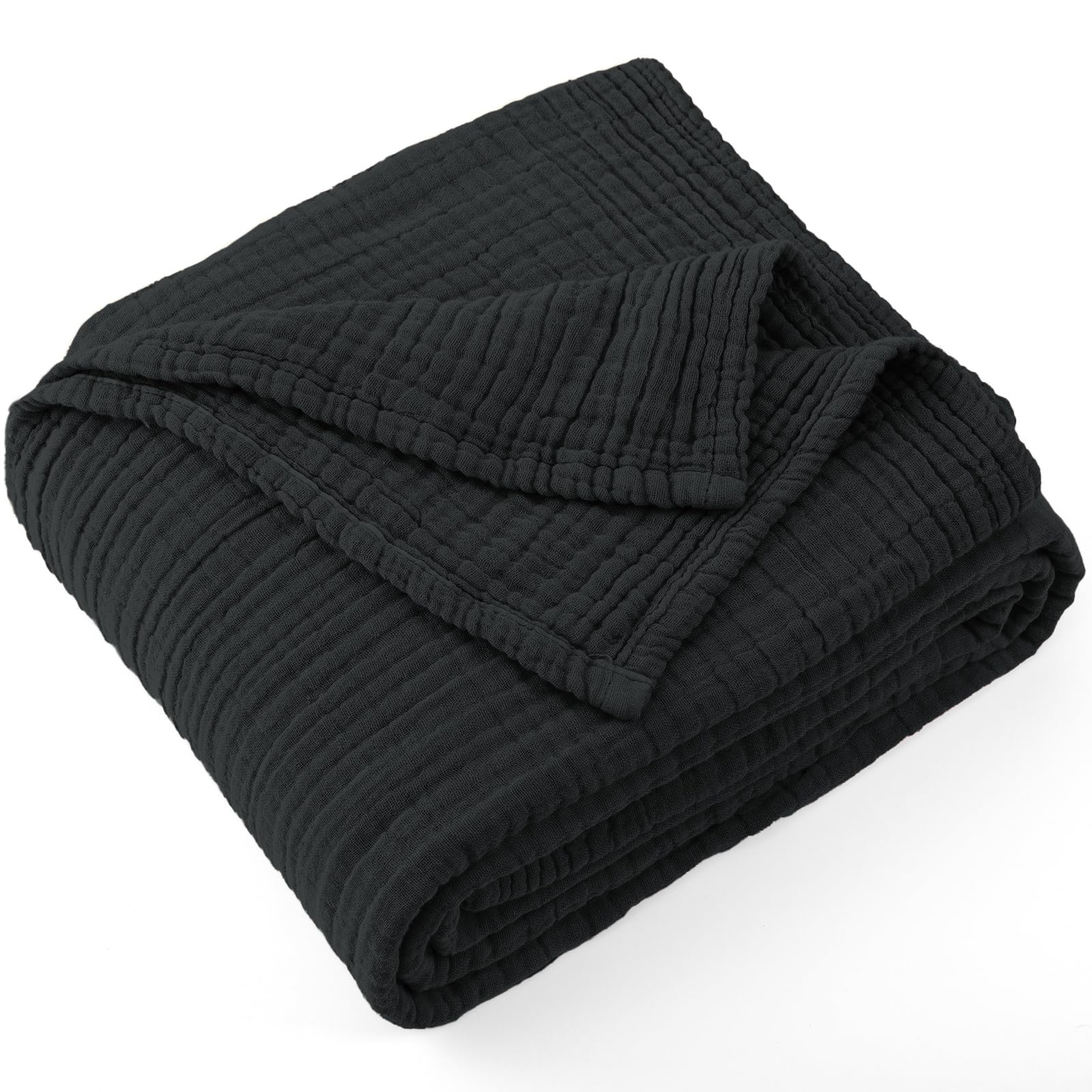 Carriediosa 100% Cotton Muslin Throw Blanket 90" X 90" Queen Size，4-Layers Summer Gauze Throws for Bed Couch，Soft Lightweight Breathable Linen Blankets Bedspread for Adults All Season，Black