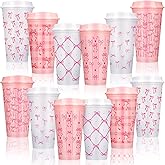 Skylety 12 Pcs Reusable Pink Bow Coffee Cups 16 oz Pink Bow Tumbler with Lid for Women Gift Coquette Plastic Coffee Cups for Hot Cold Drinks Wedding Bachelorette Bridal Shower Birthday Party, 6 Styles