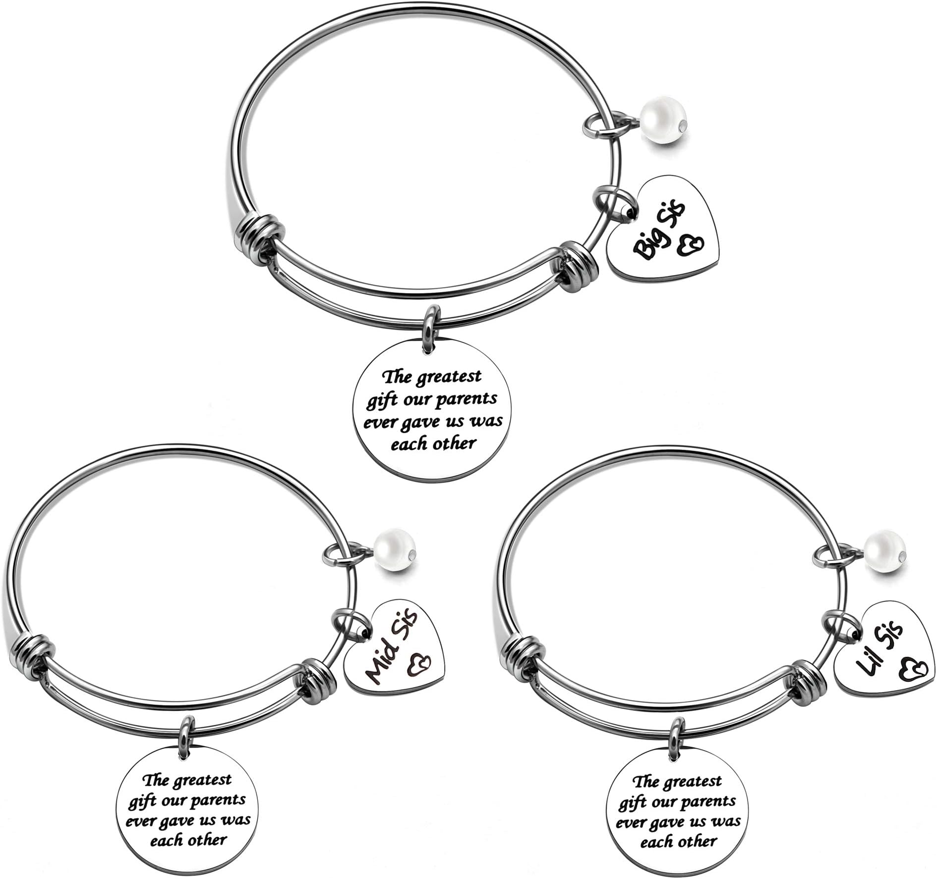 Adjustable Silver Bracelet Bangle For Big Sis Middle Sis Little Sis 3 PCS Set