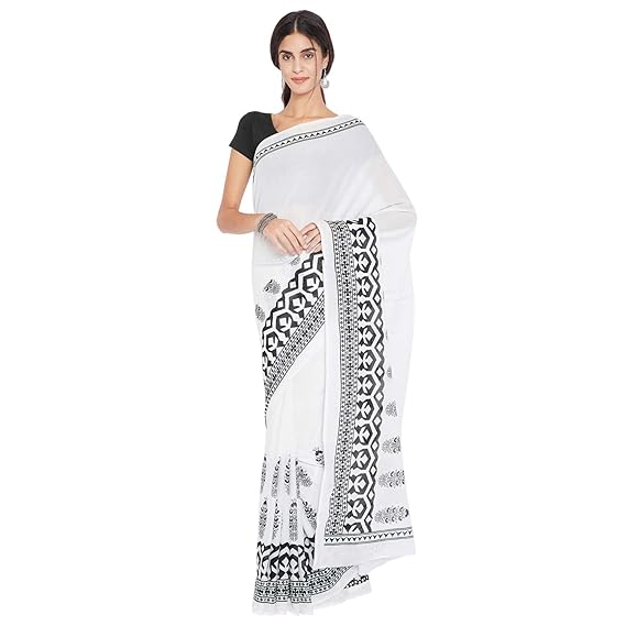Finest Quality Cotton - Handmade Black and White - Minimalistic block print Saree with Blouse Piece RDSNSA0136