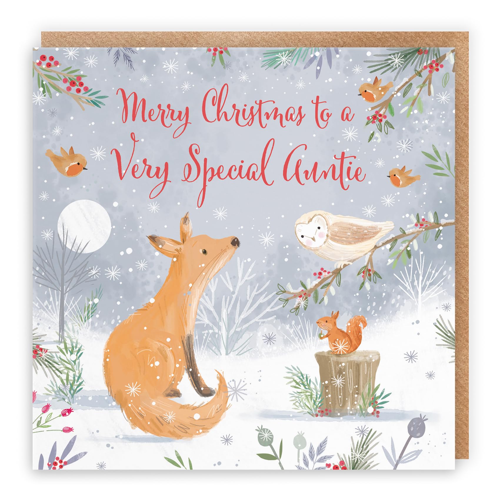 Hunts England - Auntie Cute Fox Christmas Card - Nature's Treasures - For Her, Female - Happy Animal Wildlife Cute Fun Merry Xmas Card - Robin, Owl, Squirrel - From Niece, Nephew, Kid, Child, Adult