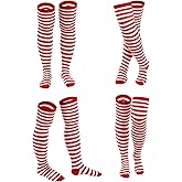 Sucrain 4 Pairs Christmas Striped Knee High Socks Long Striped Socks Thigh High Stockings for Women