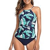 Tempt Me Two Piece Tankini Set Tummy Control Swimsuit for Women High Neck Top with Bottom Bathing Suits Ruched Swimwear