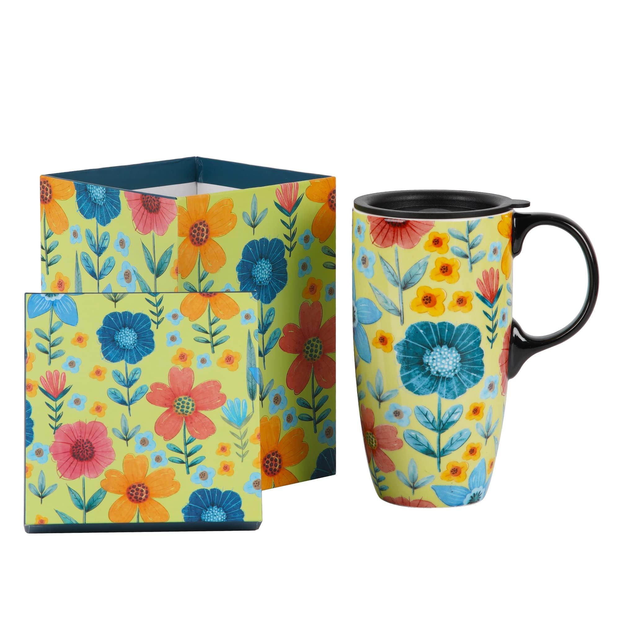 Topadorn Ceramic Travel Mug with Lid Coffee Mug with Gift Box Latte Mug Coffee Cup, 17oz Large Capacity Mug Home Office Gift, Microwave & Dishwasher Safe, Spring Garden
