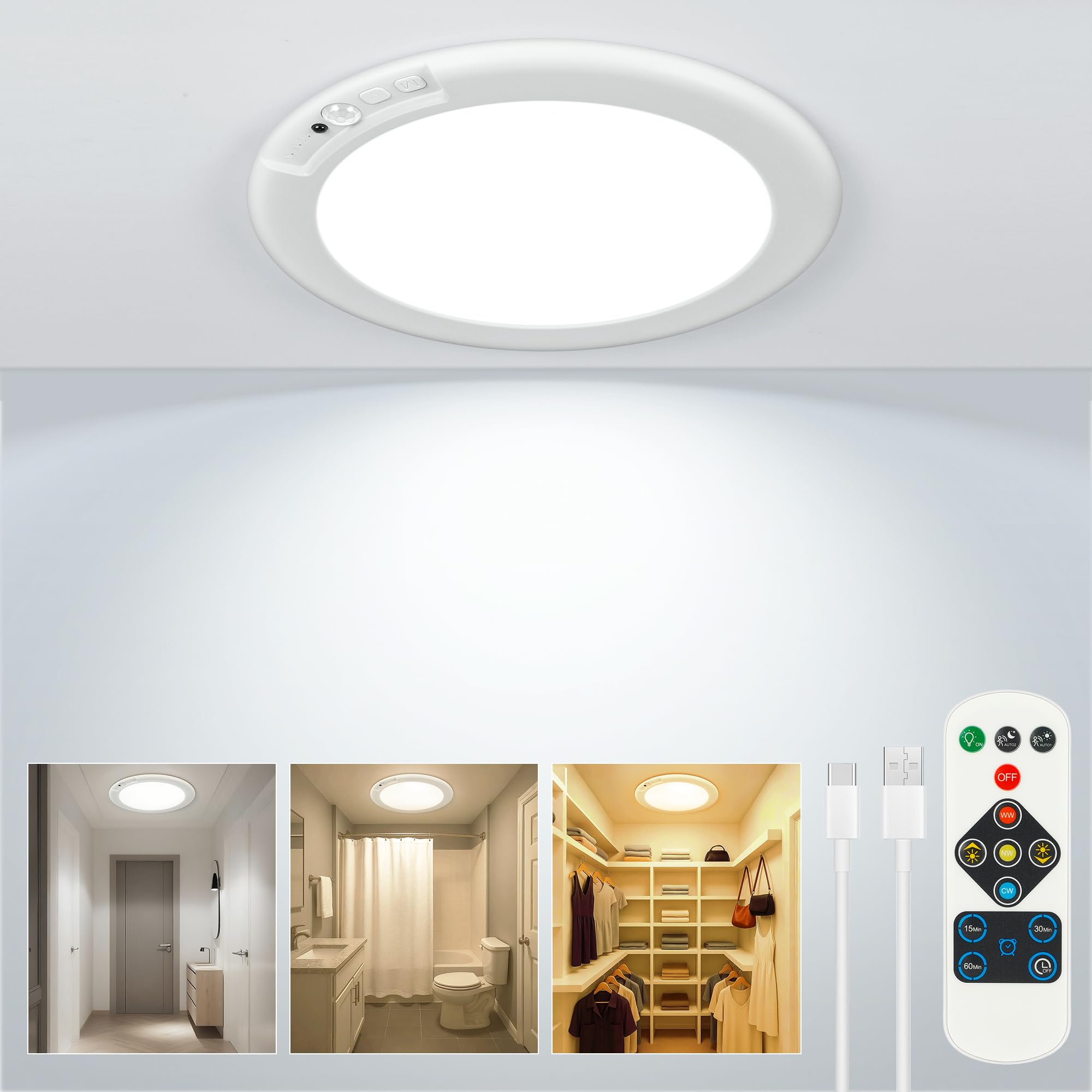 Photo 1 of Rechargeable Ceiling Light, No Wiring Battery Operated Ceiling Lights with Remote, Closet Lights Motion Sensor Light Indoor Dimmable Timing Overhead Shower Light for Bathroom Pantry Hallway Porch
