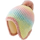 Jastore Kids Girls Winter Beanie Hat with Ear Flaps Boys Warm Fleece Lined Pom Pom Knit Hats Snow Ski Cap