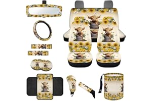 Wanyint Highland Cow Sunflower Car Seat Covers Front Rear Full Set Steering Wheel Cover Seat Belt Pads Coasters Waste Bin Armrest Cover Cup Holders Rearview Mirror Cover Handbrake Cover Set, 14 PCS