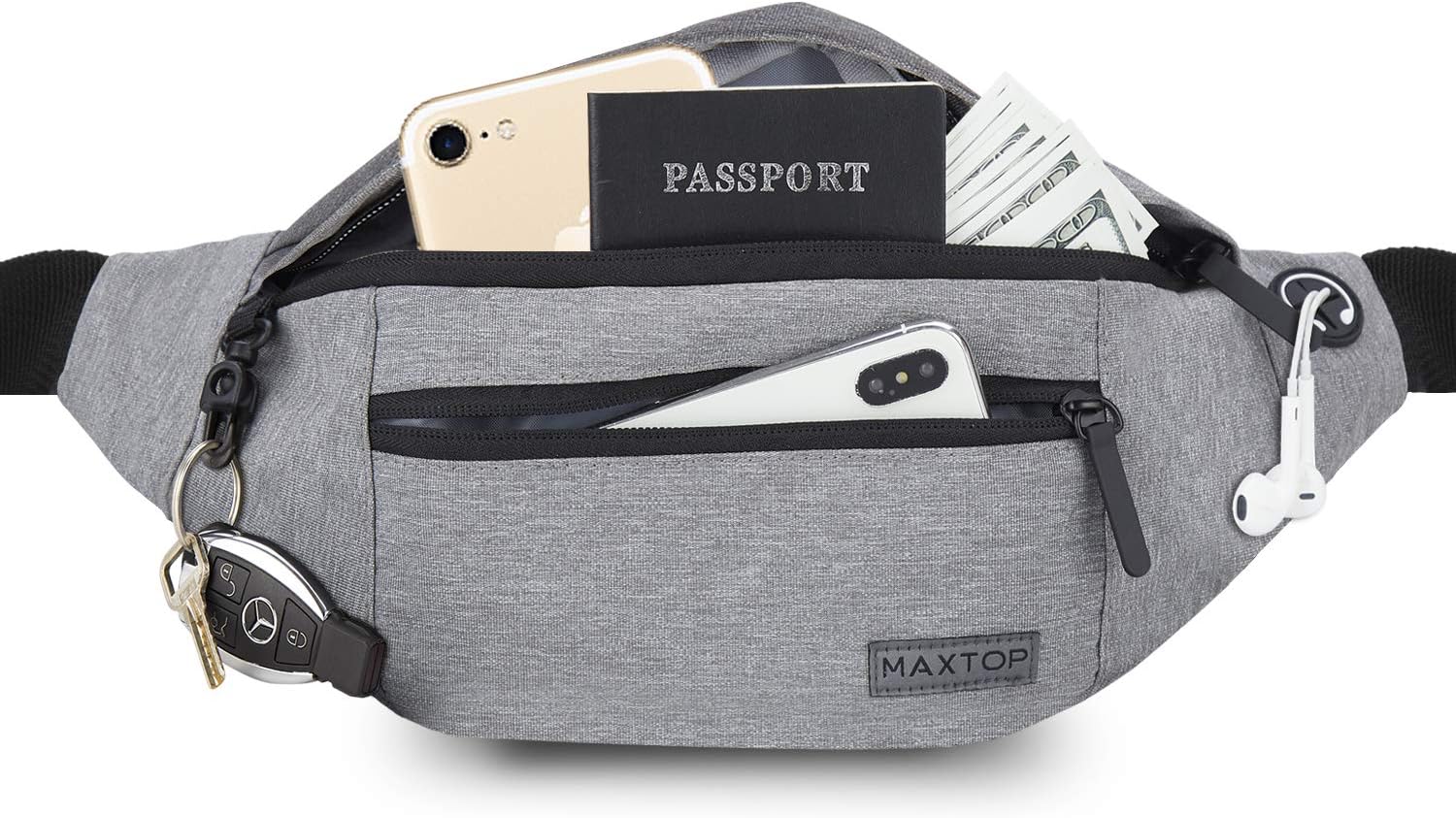 MAXTOP Large Bumbag Waist Fanny Pack for Men Women Bum Bag with Headphone Jack and 4-Zipper Pockets Adjustable Belt for Biking Running Jogging Traveling Outdoors Workout Cycling Fitness Hiking