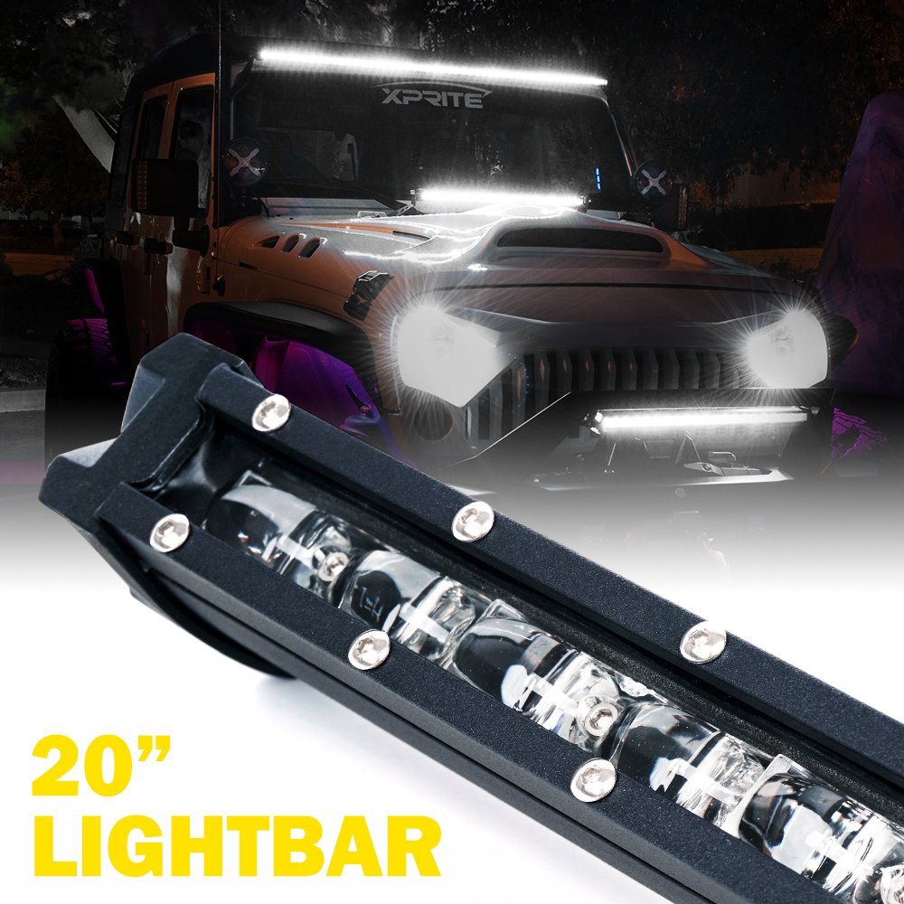 Xprite 20Inch Single 90W CREE LED light bar, 4D Optical Lens Flood Beam for Jeep 4x 4 Side by Side Off Road ATV SUV UTV Car Truck