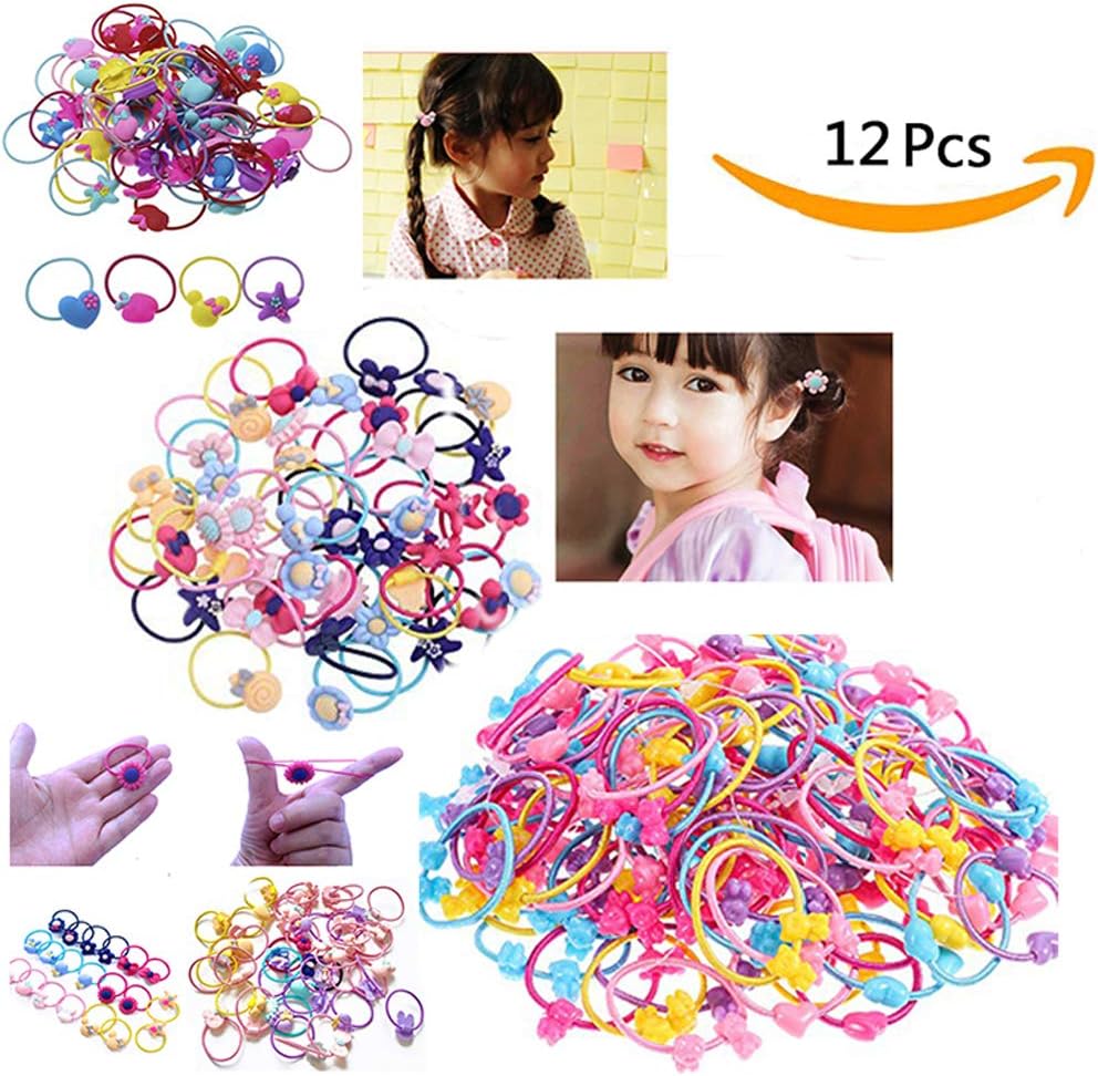 Jeval Cute Cartoon Baby Girls Kids Children Little Princess Ball Hair Tie Bands Ropes Ponytail Holder Elastics (12 Pcs, Assorted Color)
